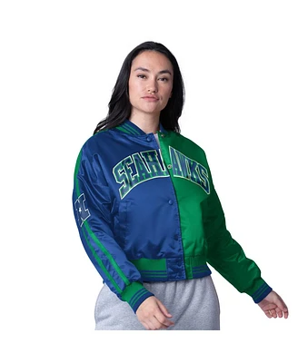 Starter Women's College Navy/Neon Green Seattle Seahawks Zone Blitz Cropped Full-Snap Satin Jacket