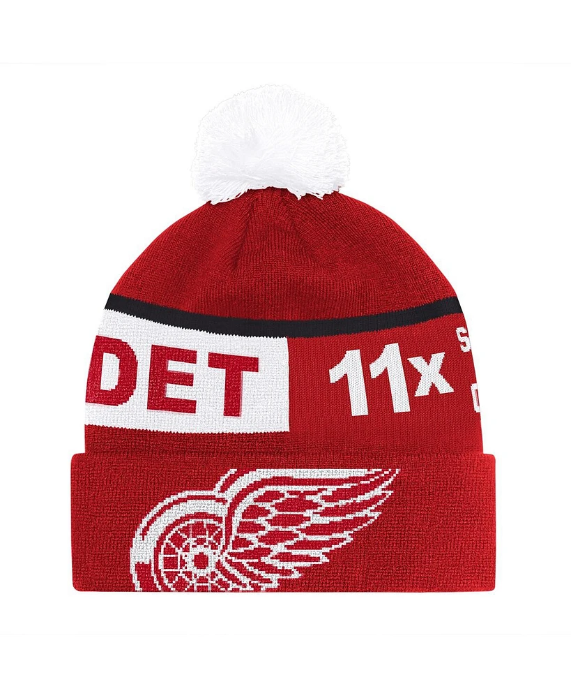 Starter Men's Red Detroit Red Wings Chyron Commemorative Cuffed Knit Hat with Pom