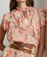 Lauren Ralph Petite Floral Ruffle-Trim Georgette Blouse