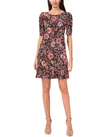 Msk Petite Floral-Print Puffed-Shoulder Ruffled-Hem Dress