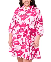 Msk Plus Cotton Floral-Print Belted Shirtdress