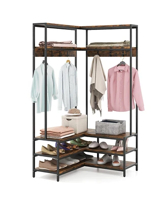 Corner Garment Rack with Open Shelves, 7 Hooks, and Shoe Bench for Space-Saving Storage Organization