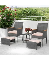 Gymax 5 Pieces Wicker Patio Furniture Set Pe Rattan Porch Chairs w/ Ottomans