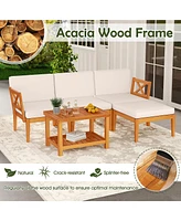 Gymax 5 Pcs Acacia Wood Patio Furniture Set w/ 2-Tier Coffee Table and Cushions