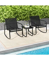 Gymax 3 Piece Rocking Bistro Set Patio Furniture Set w/ 2 Rocking Chairs & Glass-Top Coffee Table