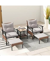 Gymax 5PCS Wicker Patio Furniture Set Rattan Chairs w/ 2-Tier Tempered Glass Side Table