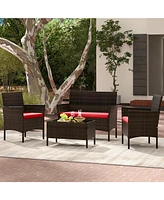 4 Piece Patio Rattan Conversation Set with Cozy Seat Cushions