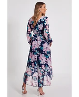 Quiz Women's Floral Chiffon Glitter Long Sleeve Maxi Dress