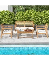 4 Piece Wood Patio Conversation Set with 2 Armchairs and Coffee Table-White