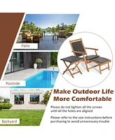 4PCS Patio Rattan Folding Lounge Chair Table Acacia Wood withRetractable Footrest