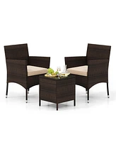 3 Pieces Outdoor Conversation Set with Cushioned Seat and Glass Tabletop