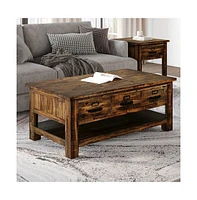 Cannon Valley Distressed Industrial Three Drawer 48" Coffee Table, Distressed Medium Brown