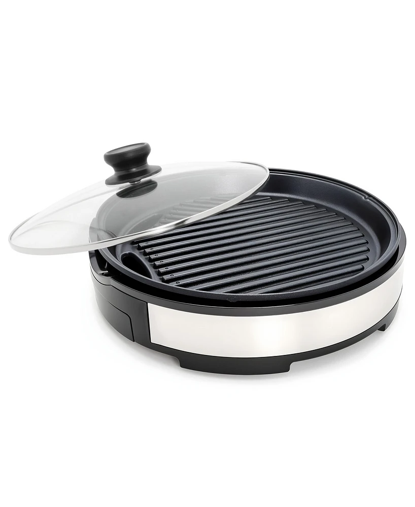 Elite Cuisine 12-Inch Stainless Steel Deluxe Indoor Grill with Tempered Glass Lid