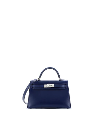 Pre-Owned HERMES Kelly 20 Handbag Blue Box Calf with Palladium Hardware