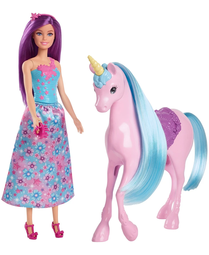 Barbie Fantasy Doll & Unicorn Toy Set - Includes Saddle, Brush, & Accessories