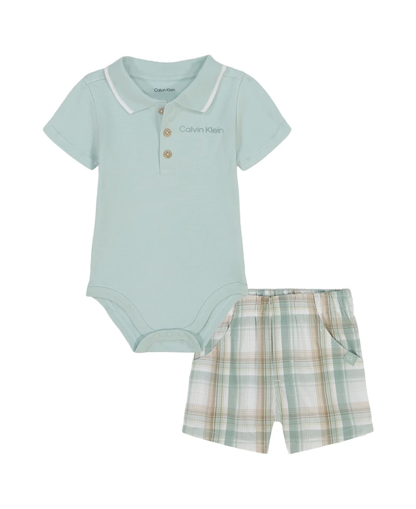 Calvin Klein Baby Boys 2-Piece Interlock Polo Bodysuit Poplin Plaid Shorts Set