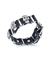 Bling Jewelry Biker Chain Link Bracelet Skull Heads Black Leather Studded Cuff for Men s