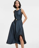Karl Lagerfeld Paris Women's Jewel-Neck Belted Sleeveless Dress