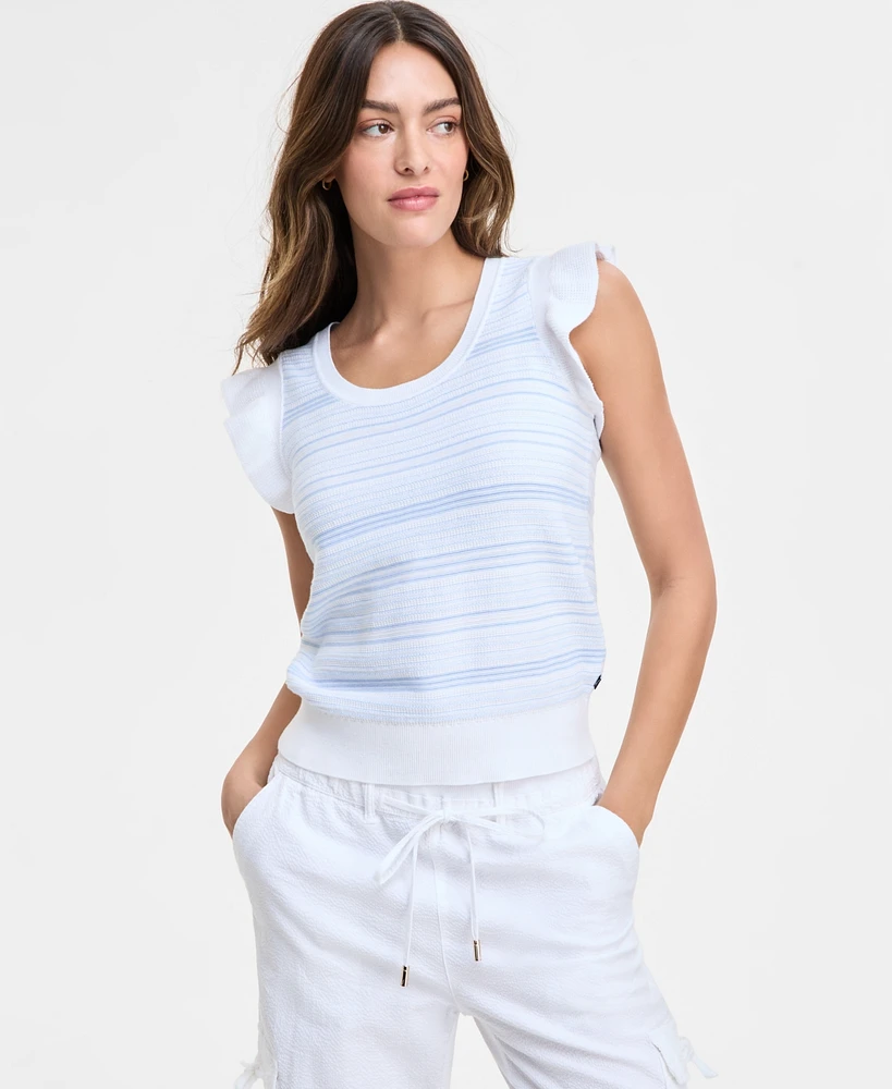 Nautica Jeans Women's Cotton Striped Ruffled-Sleeve Sweater