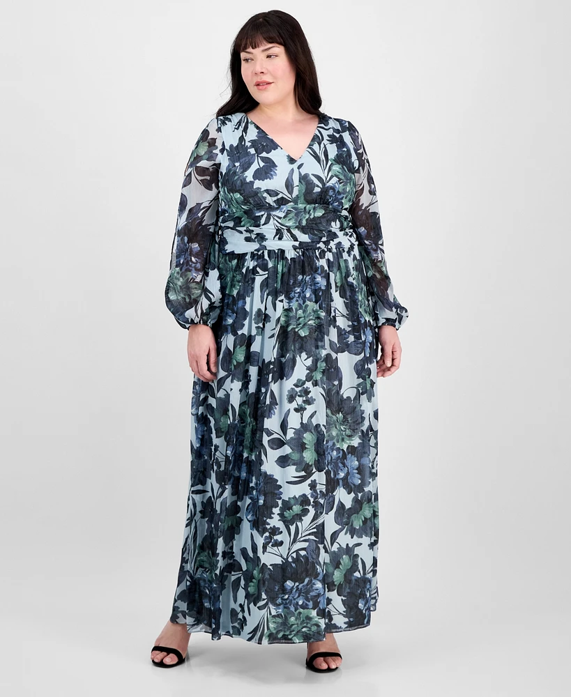 Sl Fashions Plus Floral-Print Blouson-Sleeve Gown