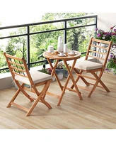 3 Pcs Acacia Wood Patio Bistro Set Folding Outdoor Table and Chairs with Cushions
