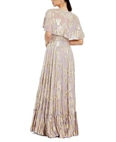 Women's Floral Print High Neck Cape Sleeve A Line Gown