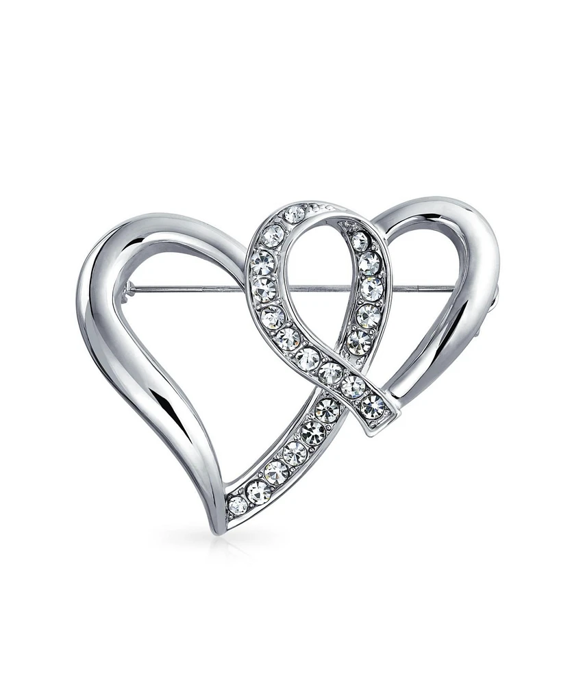 Bling Jewelry Romantic Crystal Brooch Pin - Double Heart Silver Statement