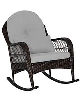 Patio Rattan Rocking Chair with Seat Back Cushions and Waist Pillow-Navy