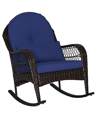 Patio Rattan Rocking Chair with Seat Back Cushions and Waist Pillow-Navy