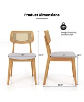 Wooden Rattan Dining Chair Set of 4 with Can Back Rubber Wood Frame Padded Seat