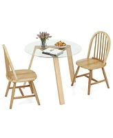 3 Pcs Dining Set for 2 Round Table with 2 Chairs Solid Rubber Wood Frame Modern