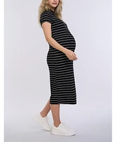 Women's Mock Neck Short Sleeve Ribbed Maternity Midi Dress - Motherhood