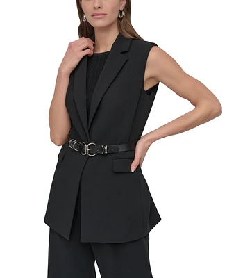 Dkny Petites Sleeveless Belted Notch-Collar Vest Jacket