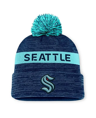 Fanatics Men's Deep Sea Blue/Light Blue Seattle Kraken Authentic Pro Rink Cuffed Knit Hat with Pom