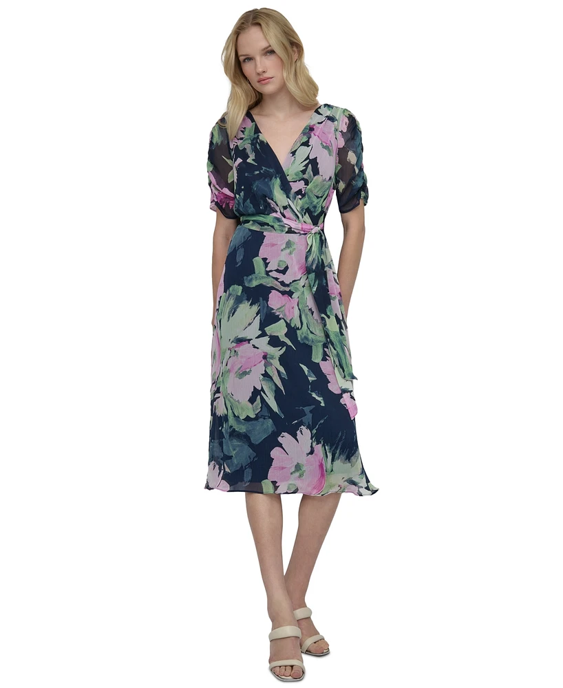 Dkny Women's Floral Tie-Waist Ruched-Sleeve Dress