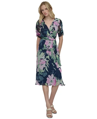 Dkny Women's Floral Tie-Waist Ruched-Sleeve Dress