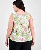 Charter Club Plus Linen-Blend Printed Scoop-Neck Tank Top, Exclusively at Macy's