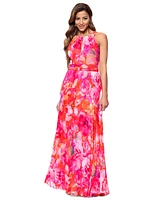 Xscape Women's Printed Pleated Sleeveless Halter-Neck Gown