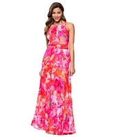 Xscape Women's Petite Floral-Print Pleated Halter Gown