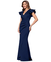 Xscape Women's V-Neck Ruffle-Sleeve Scuba Gown