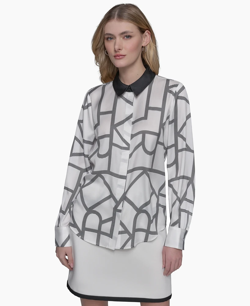 Karl Lagerfeld Paris Women's Logo-Print Collared Button-Down Blouse