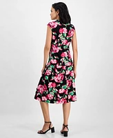 Kasper Womens Floral Cowlneck Cap Sleeve Top Floral Flared Pull On Midi Skirt