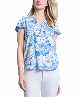 Jones New York Women's Printed Moss Crepe Flutter-Sleeve Top