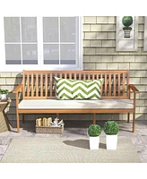 Outdoor 3-Seat Wood Bench with Seat Cushion and Slatted Seat