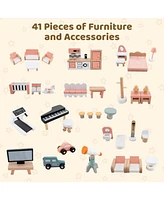 Wooden Corner Dollhouse Playset with 41 Accessories Interactive Toy for Kids