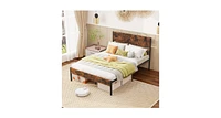 Metal Bed Frame with Wooden Headboard and Footboard