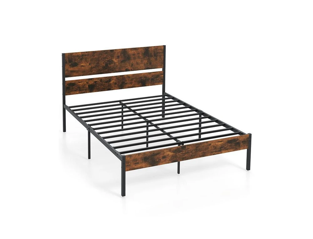 Metal Bed Frame with Wooden Headboard and Footboard