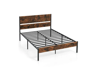 Metal Bed Frame with Wooden Headboard and Footboard