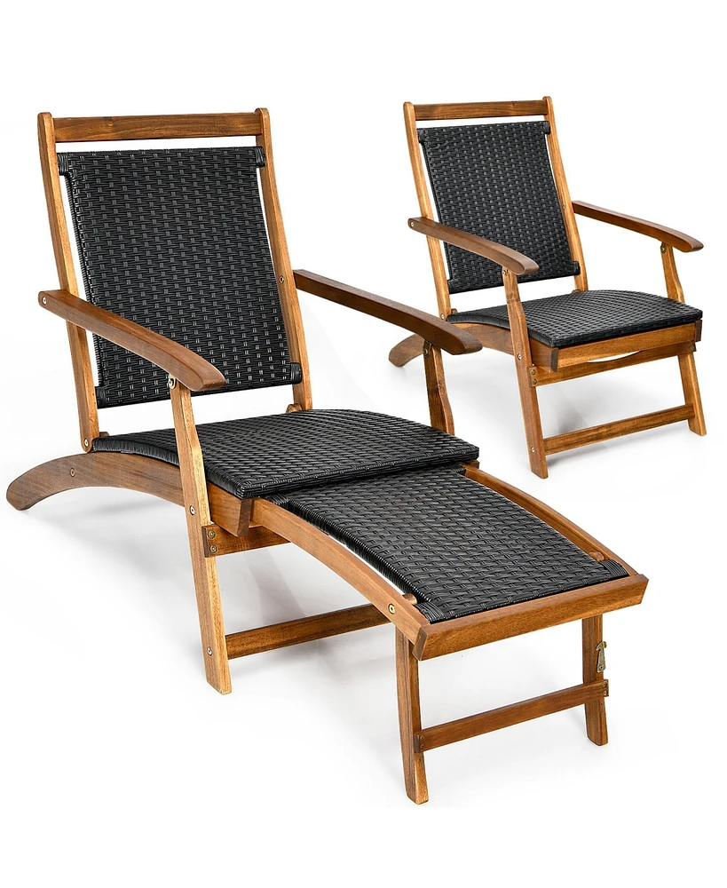 2PCS Patio Folding Rattan Lounge Chair Wood Frame Retractable Footrest