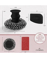 Cuisinel Cast Iron Chainmail Scrubber + Pan Scraper - Deluxe Ergonomic Stainless and Silicone Cleaner for Pots and Skillets - Food-Safe Design